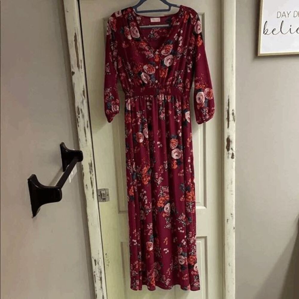 Pink Lily Burgundy Floral‎ Long Sleeve Dress